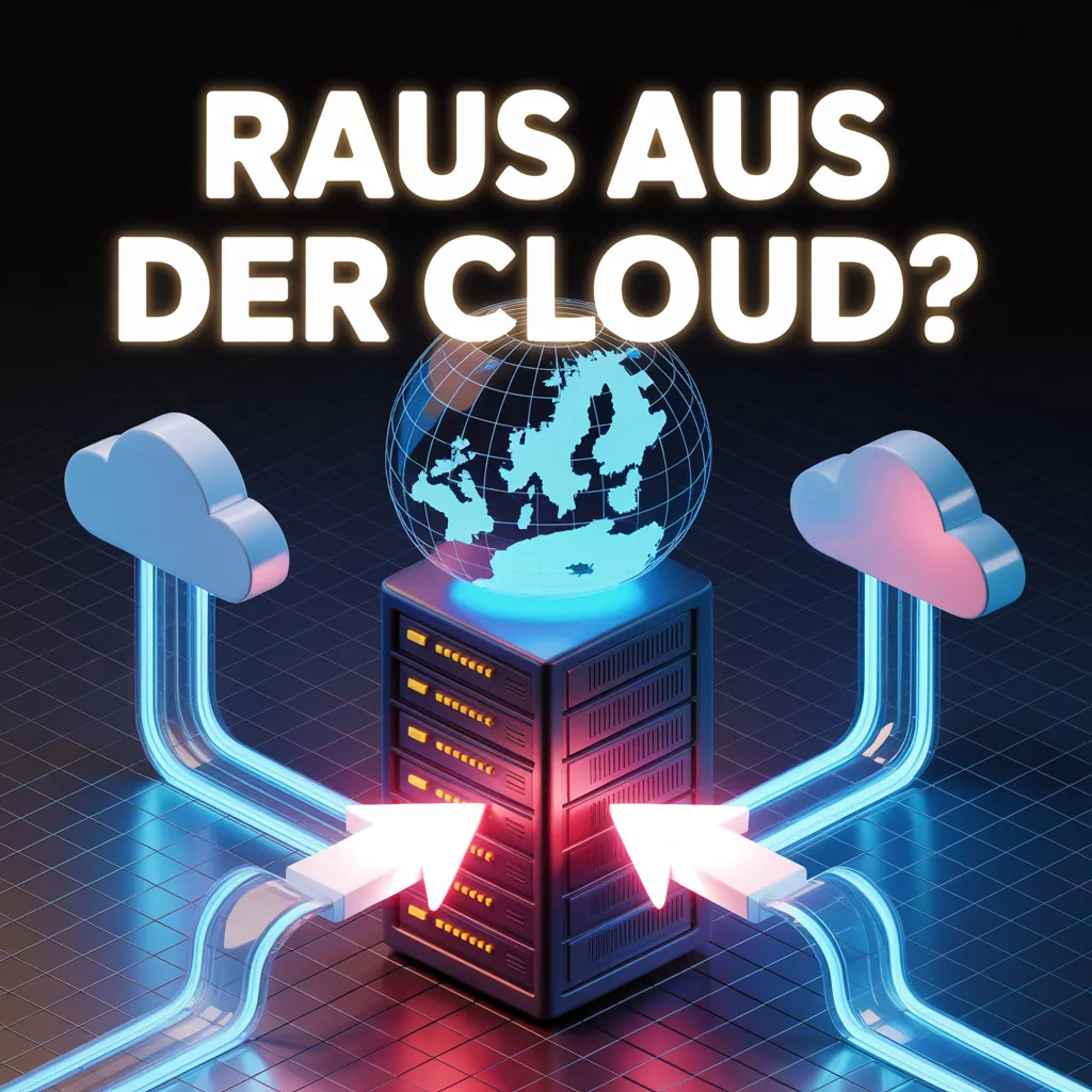 Isometric 3D server rack under a holographic globe showing Europe, with glowing cables running from two clouds on the left and right and white arrows pointing at the rack, dark background with blue and red light. At the top the headline “RAUS AUS DER CLOUD?” in glowing white capitals.