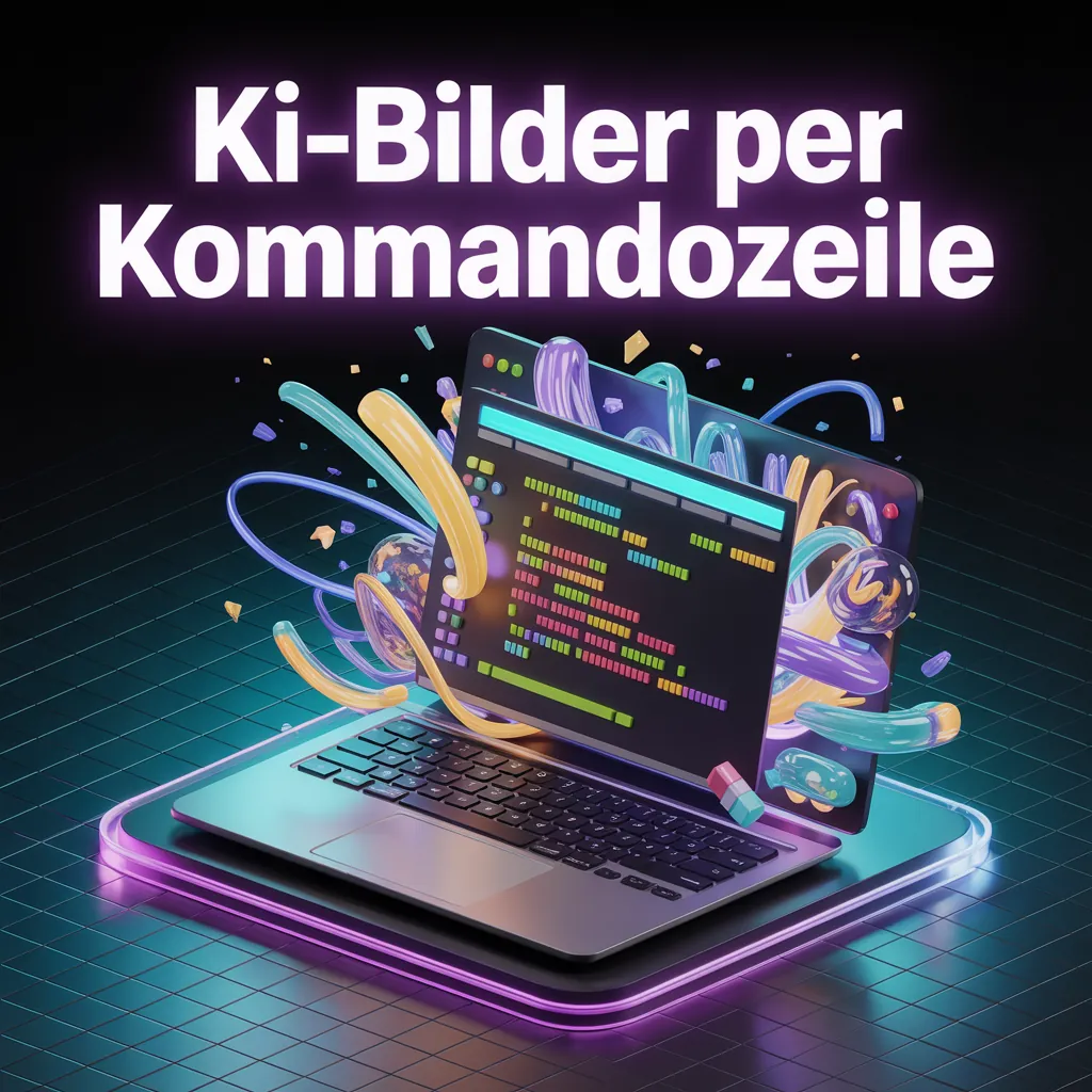 Isometric 3D illustration of a laptop on a glowing platform with a terminal window on the screen and colourful ribbons, bubbles and particles bursting out behind it, on a dark grid. At the top the glowing headline “Ki-Bilder per Kommandozeile”.