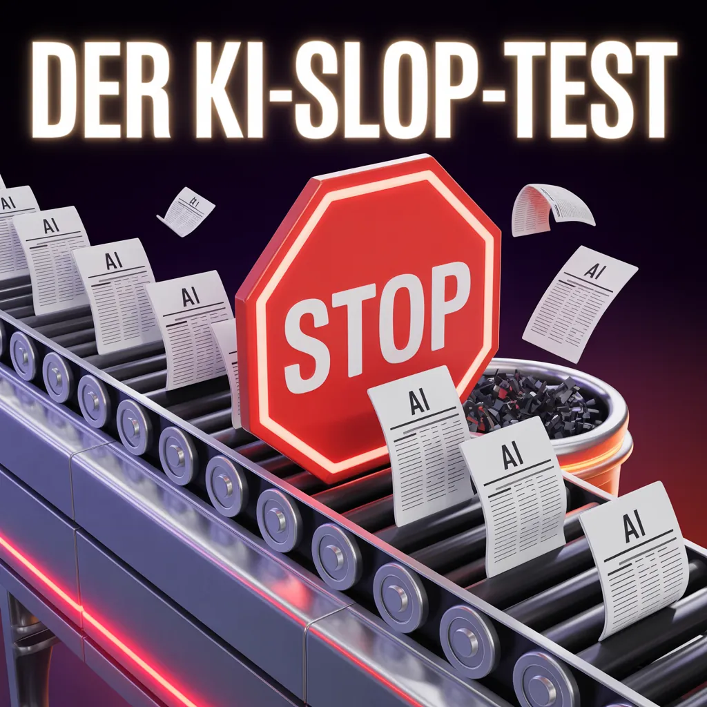 Conveyor belt carrying identical paper documents labelled “AI”, a large red octagonal STOP sign on the belt and a bin of shredded paper behind it, more documents flying through the air, dark red and purple background. At the top the headline “DER KI-SLOP-TEST” in glowing white capitals.