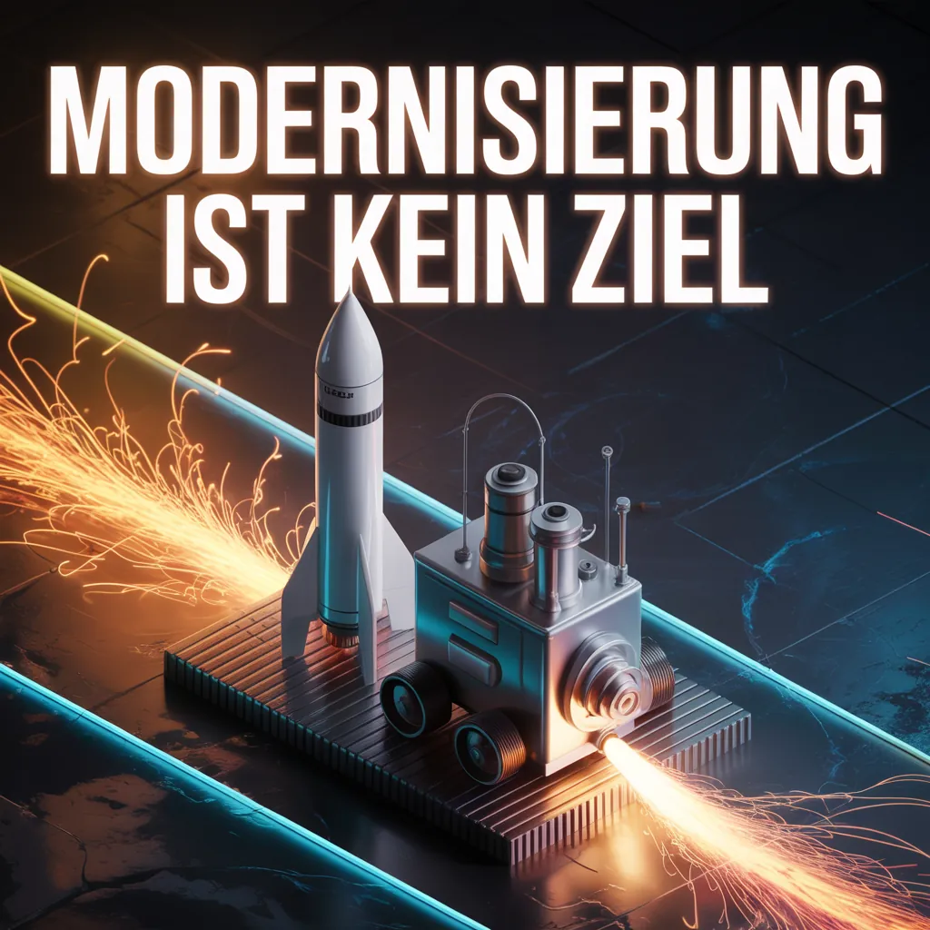 Isometric scene of a white rocket standing idle next to a small metal machine on wheels that shoots a stream of orange sparks, on a dark tiled floor with blue neon edges and more sparks on the left. At the top the headline “MODERNISIERUNG IST KEIN ZIEL” in glowing white capitals.