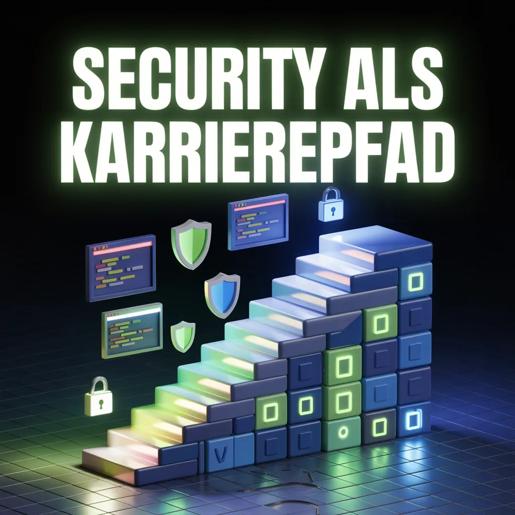 3D staircase built from blue and green blocks rising to the right, with floating code windows, shield icons and padlocks beside it, on a dark grid floor. At the top the headline “SECURITY ALS KARRIEREPFAD” in glowing white capitals with a green glow.