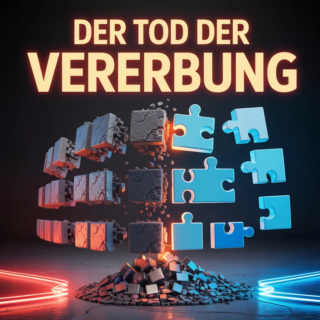 Rows of cracked stone blocks on the left crumbling into a pile of rubble, turning into blue puzzle pieces on the right, with red and blue neon lines in the lower corners. At the top the headline “DER TOD DER VERERBUNG” in glowing yellow capitals.