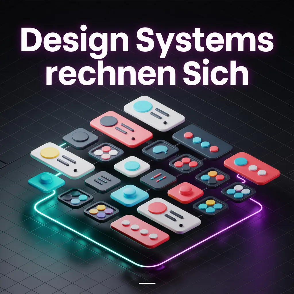 Isometric grid of rounded UI component tiles – cards, buttons and groups of coloured dots in red, cyan, yellow and grey – on a dark grid, framed by a neon line fading from cyan to purple. At the top the headline “Design Systems rechnen Sich” in glowing white letters.