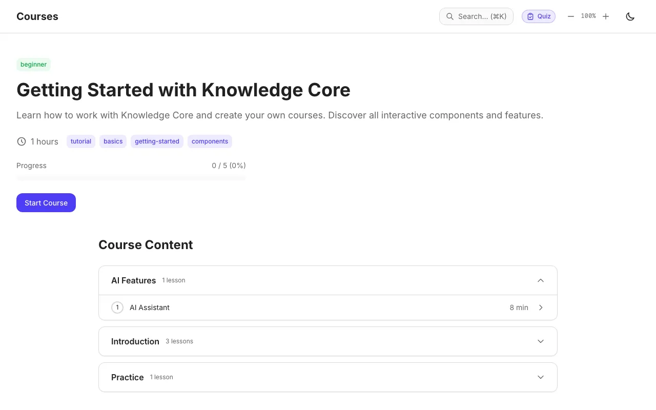 Course page 'Getting Started with Knowledge Core': level badge beginner, duration, tags, a progress bar at 0 of 5 lessons, a Start Course button and the course content grouped into the modules AI Features, Introduction and Practice.