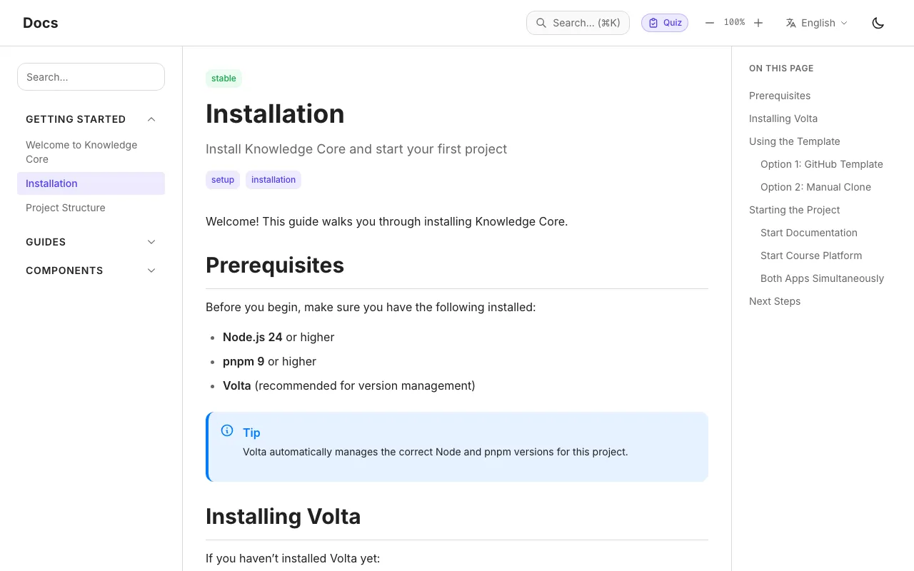 The live docs demo at kc-docs.casoon.dev: the Installation page with a sidebar for Getting started, Guides and Components on the left, a tip box in the text, an 'On this page' outline on the right and search, quiz, language and dark-mode controls in the header.