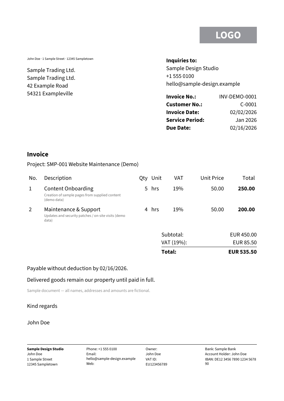 Top of page 1 of the demo invoice: logo, address block, invoice details and the start of the position table.