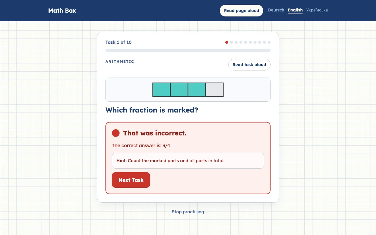 A fraction task showing a bar of four parts with three coloured, followed by the feedback “That was incorrect”, the correct answer 3/4, a hint and a Next Task button.
