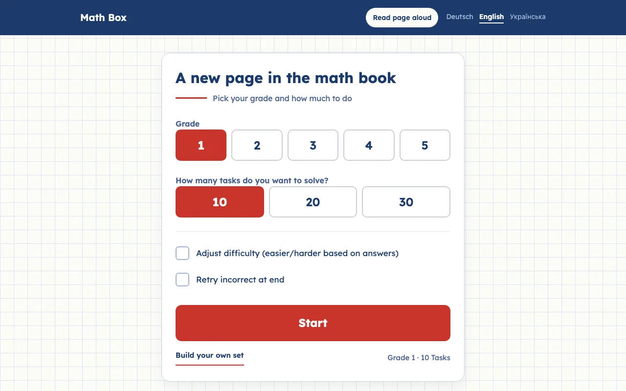 Start page of the English version: grade buttons 1 to 5, task count 10, 20 or 30, checkboxes for adaptive difficulty and retrying incorrect answers, and a Start button.