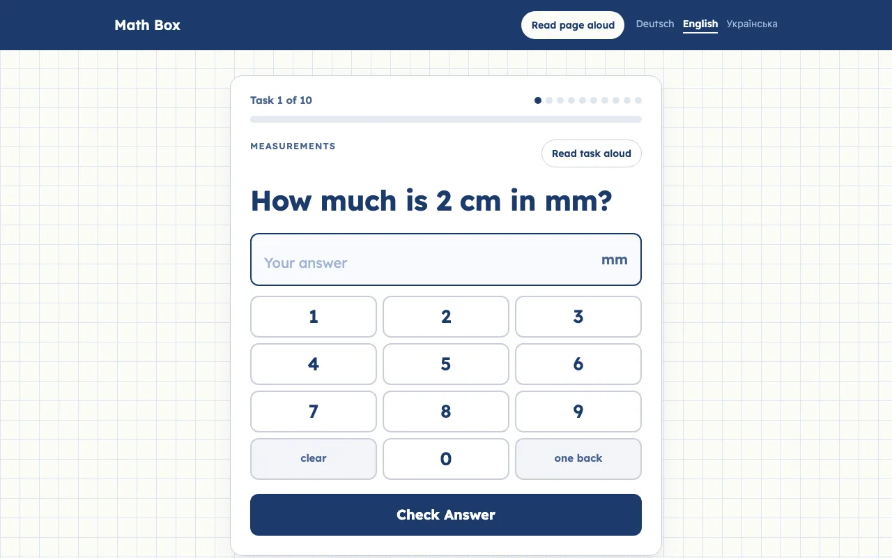 Task 1 of 10 in the category Measurements: “How much is 2 cm in mm?” with an answer field, an on-screen number pad and a Check Answer button.