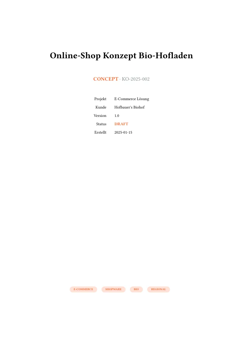 Title page of the concept KO-2025-002 “Online-Shop Konzept Bio-Hofladen” by Pixelwerk Digitalagentur, with project, client, version, draft status and four tags in orange.