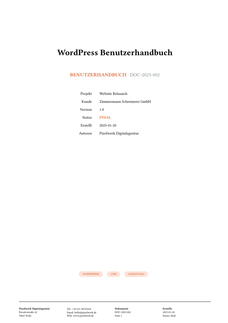 Title page of the documentation DOC-2025-002 “WordPress Benutzerhandbuch” for Zimmermann Schreinerei GmbH, status final, with a four-column company footer.