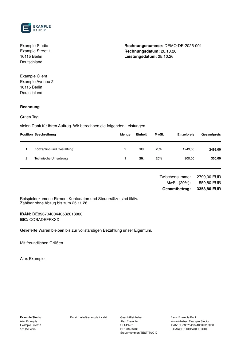 Example Studio invoice in German with SVG logo, two service lines, VAT breakdown and a total of 3358.80 EUR.