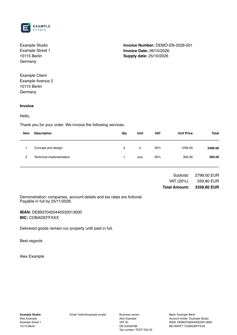 Example Studio invoice in English with SVG logo, two service lines, VAT breakdown and a total of 3358.80 EUR.