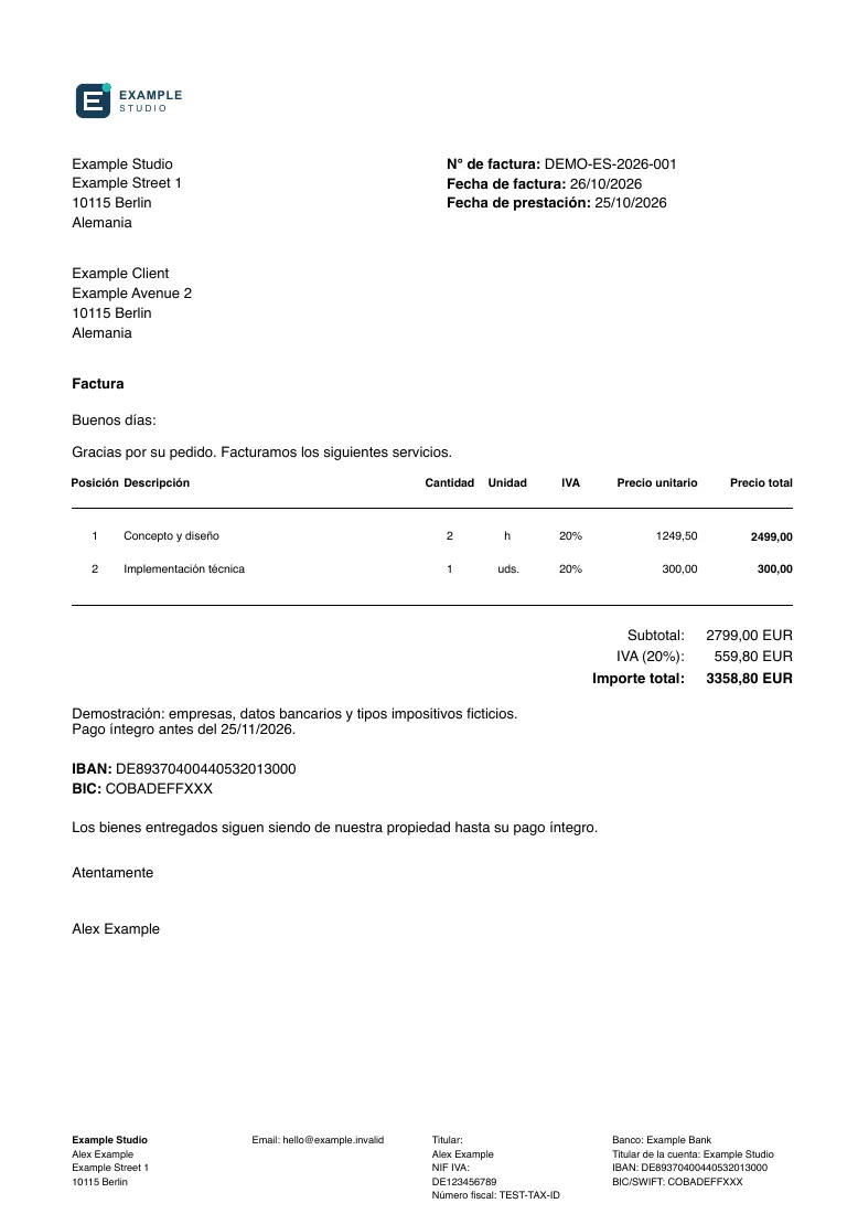 Example Studio invoice in Spanish with SVG logo, two service lines, VAT breakdown and a total of 3358.80 EUR.