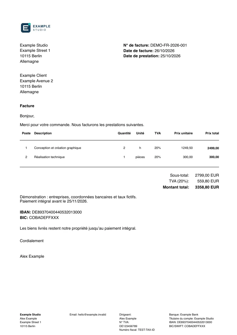 Example Studio invoice in French with SVG logo, two service lines, VAT breakdown and a total of 3358.80 EUR.