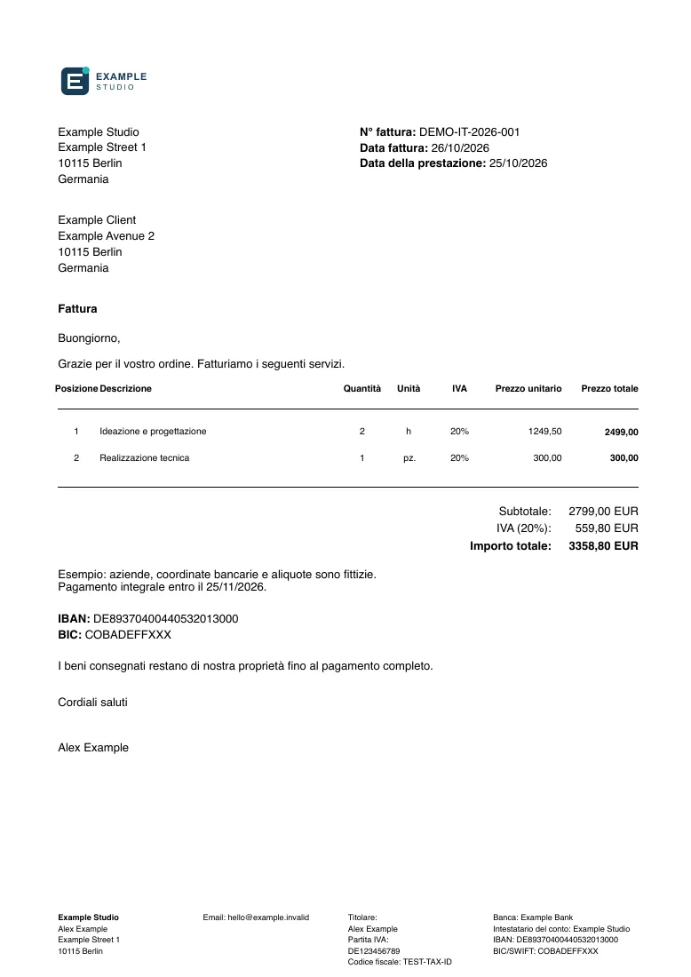 Example Studio invoice in Italian with SVG logo, two service lines, VAT breakdown and a total of 3358.80 EUR.