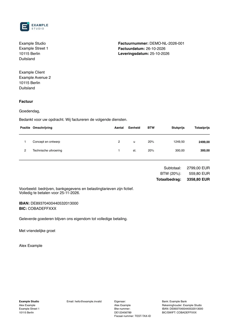 Example Studio invoice in Dutch with SVG logo, two service lines, VAT breakdown and a total of 3358.80 EUR.