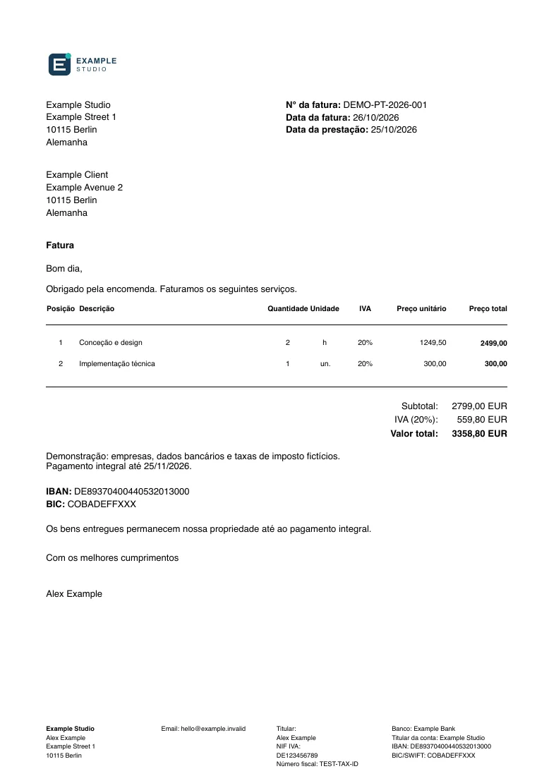 Example Studio invoice in Portuguese with SVG logo, two service lines, VAT breakdown and a total of 3358.80 EUR.