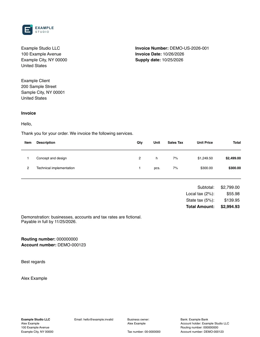 Fictional Example Studio US invoice with logo, two service lines, state and local tax rows and a total of $2,994.93.