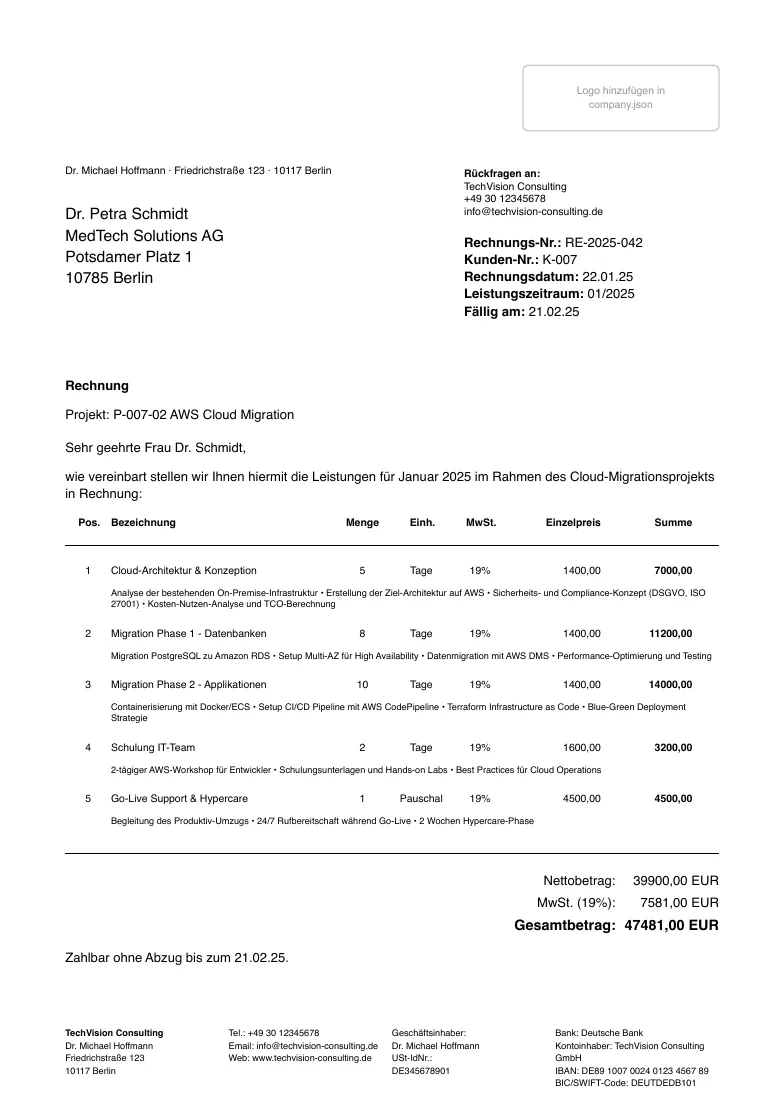 German invoice RE-2025-042 from TechVision Consulting to MedTech Solutions AG: address block, five line items for an AWS cloud migration, net total 39,900.00 EUR, VAT 7,581.00 EUR, gross total 47,481.00 EUR, company footer in four columns.