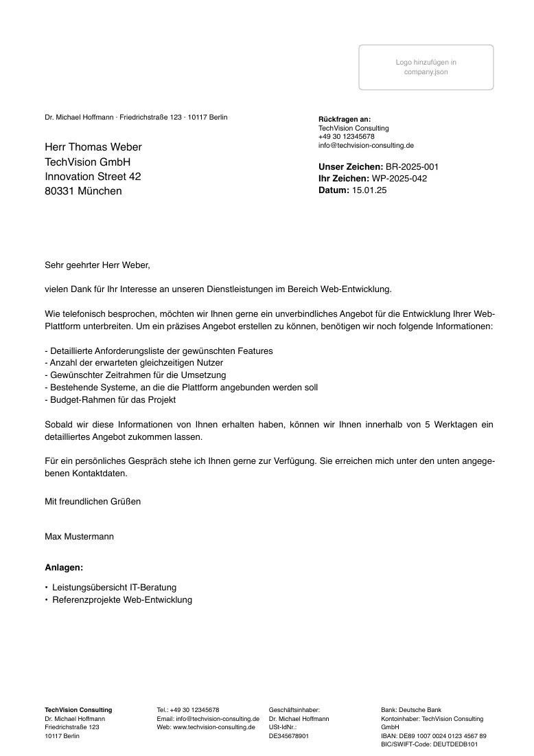 German business letter BR-2025-001 from TechVision Consulting to TechVision GmbH asking for details for a web platform offer, with a bullet list, signature and two enclosures.