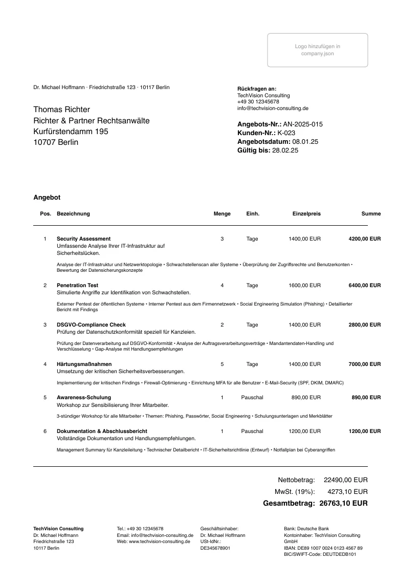 German offer AN-2025-015 from TechVision Consulting to a law firm: six positions from security assessment to documentation, gross total 26,763.10 EUR, valid until 28.02.25.
