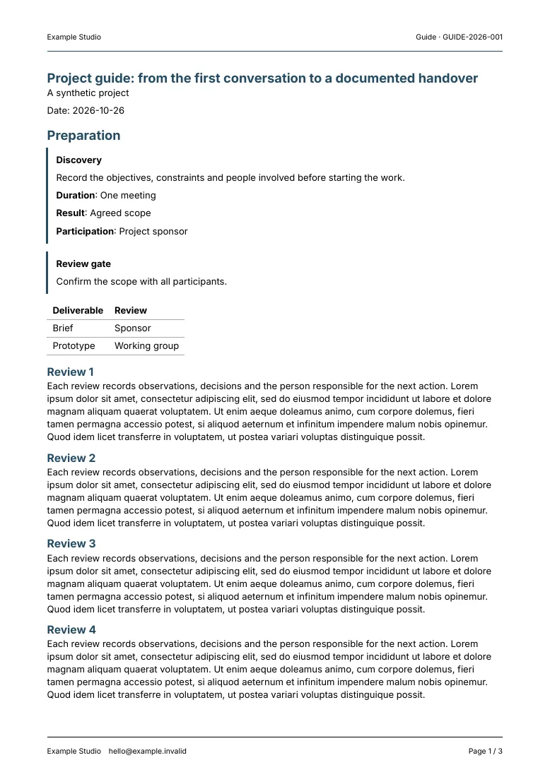 First page of a fictional project guide with a compact header, sections and printable content.