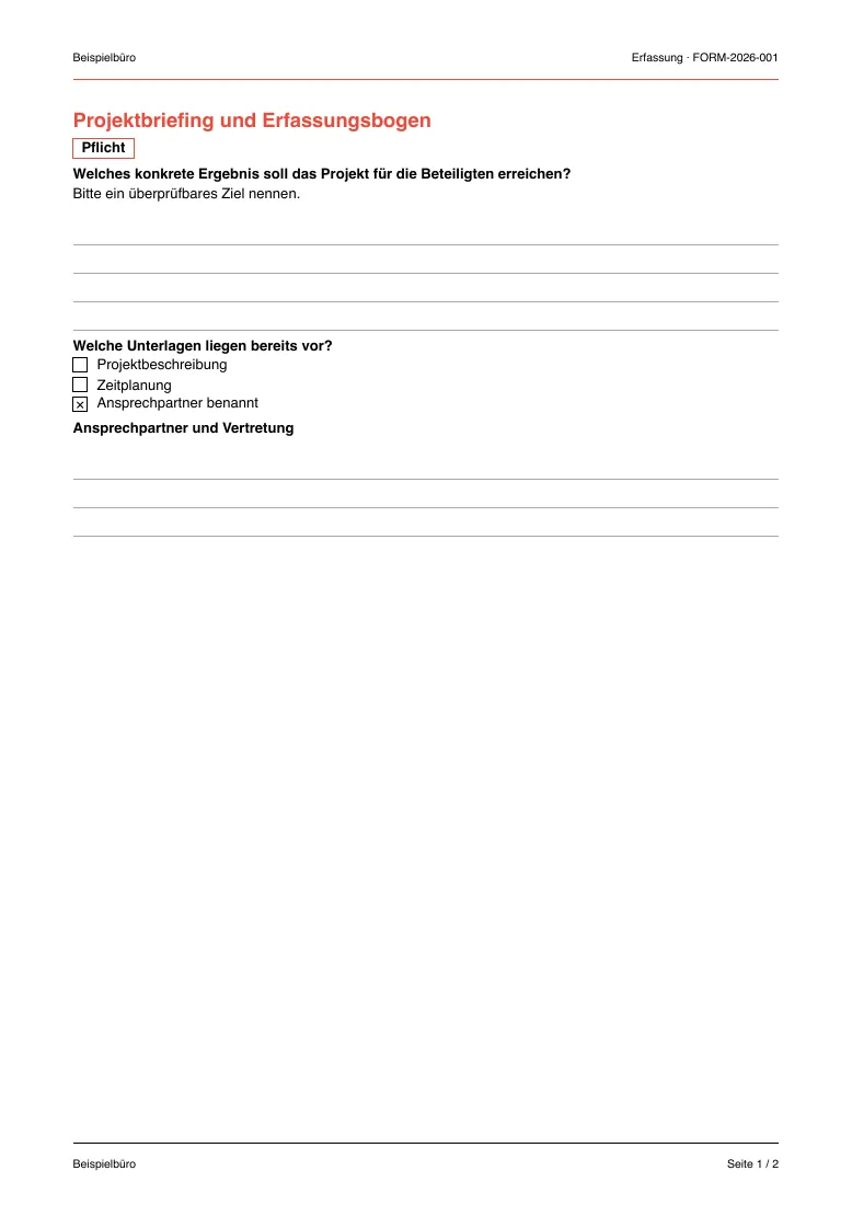 A fictional project intake form with labelled writing fields, checkboxes, notes and a structured table.