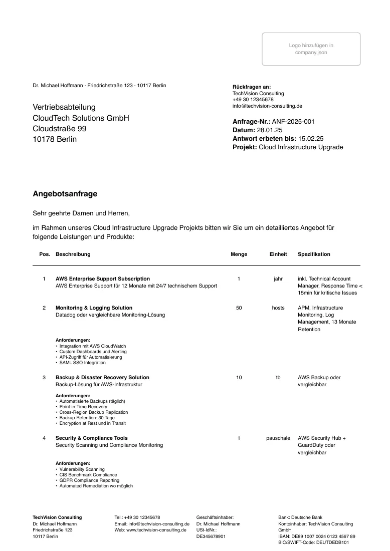 German quotation request ANF-2025-001 to CloudTech Solutions GmbH: positions for AWS support, monitoring, backup and security tools with quantities, units and requirement lists.