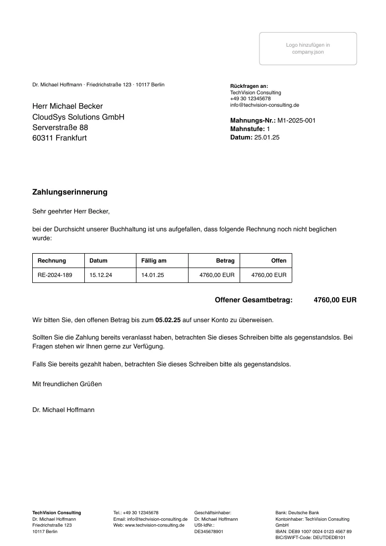 German payment reminder M1-2025-001, dunning level 1: table with one open invoice RE-2024-189 over 4,760.00 EUR and a request to pay by 05.02.25.