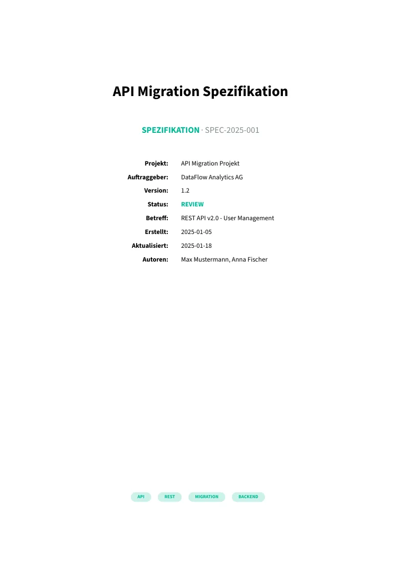 Title page of the specification SPEC-2025-001 “API Migration Spezifikation” with version 1.2, status review, creation and update dates and two authors.
